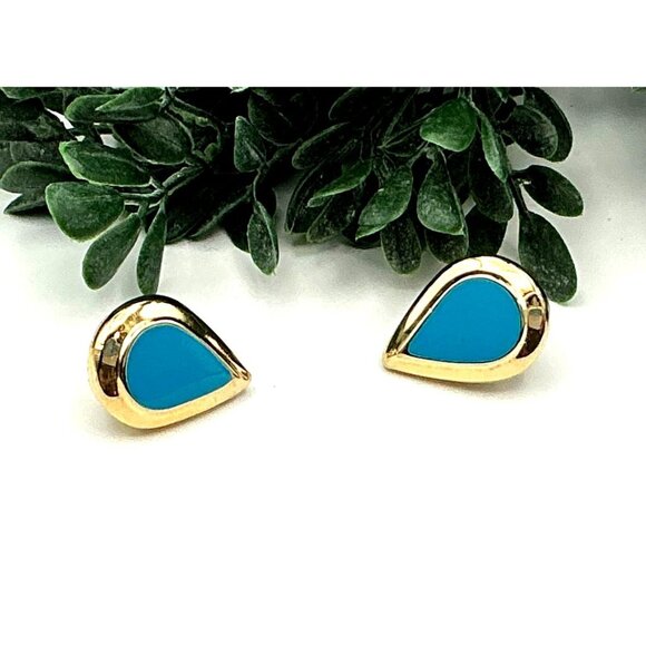 Vintage Gold and Blue  enamel Teardrop Stud Earrings - Picture 1 of 3
